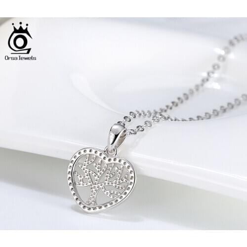 ORSA JEWELS Oval Shape 925 Silver Pendant Necklace AAAA CZ Silver Pray Tree 32 MM Pendant Necklace Romantic Fine Jewelry SN225