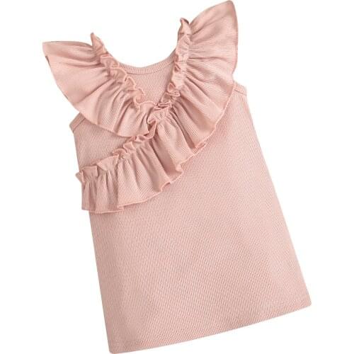 Infant Kids Baby Girls Casual Sleeveless Dress, Solid Color V-neck Ruffled Hem Gown, Green/ Pink/ Tangerine 6M-3T