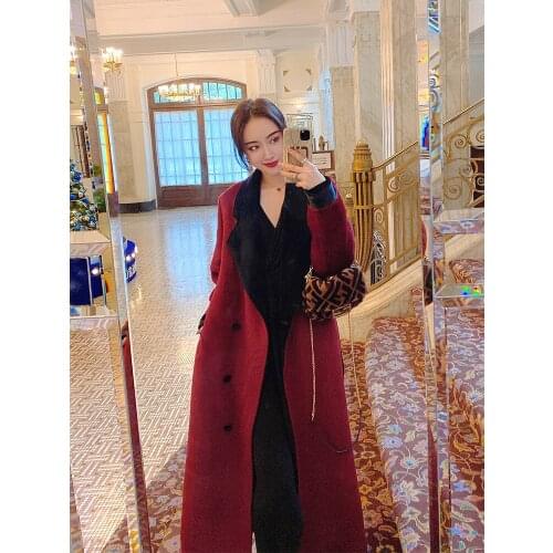 Burgundy luxury long-haired vicuna and gold velvet coat
