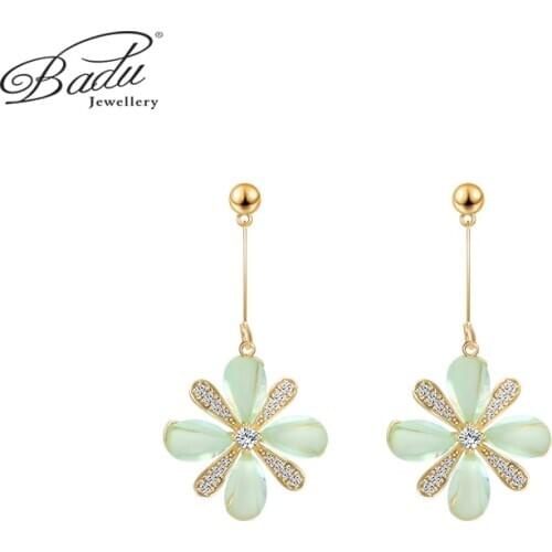 Badu Green Flower Earrings With Transparent Zircon Noble And Elegant Temperament Earrings Girlfriend Banquet Classic Accessories