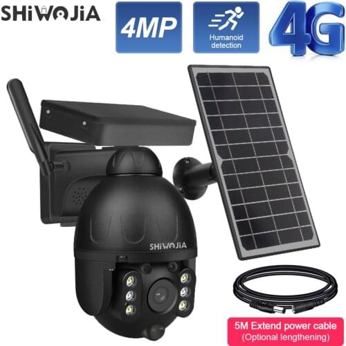 SHIWOJIA SIM 4G Solar IP Camera 4MP HD Solar Security Camera Ai Humanoid Detection 8W Detachable Battery Outdoor PTZ CCTV Cam