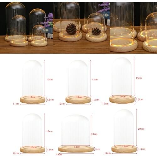 Glass Display Dome + LED Wooden Base, Decorative Clear Glass Cloche Bell Jars Display Dome for Gifts Decor