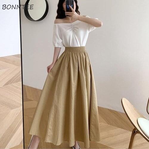 Skirts Women Oversize Solid Mid-calf Elegant Korean Style Retros New Spring Loose High Waist A-line Fashion All-match Chic Fit