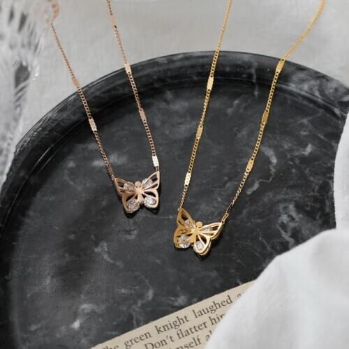 YUN RUO Not Fade Vintage Gold Plated Crystal Butterfly Pendant Necklace Fashion Titanium Stainless Steel Jewelry Woman Accessory