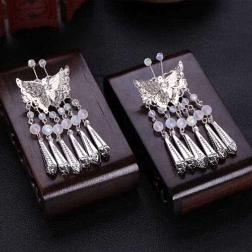 1pair Ancient Chinese Clothing Decoration Reteo Butterfly Long Tassels Hair Clip Exquisite Elegent Coloful Bead Hairclip BN