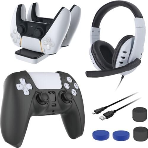 For Playstation 5 PS5 Charging Dock Stereo Headphone Type-C Cable Thumb Grips and Silicone Case 8 In 1 Game Set