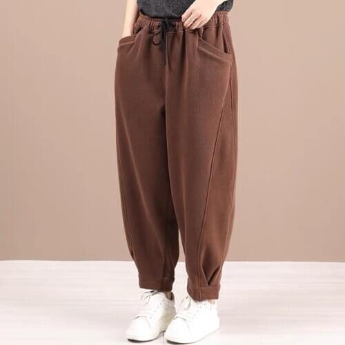 2020 Autumn Winter New Arts Style Women Elastic Waist Loose Casual Pants Double Pocket Cotton Warm Harem Pants Plus Size S107