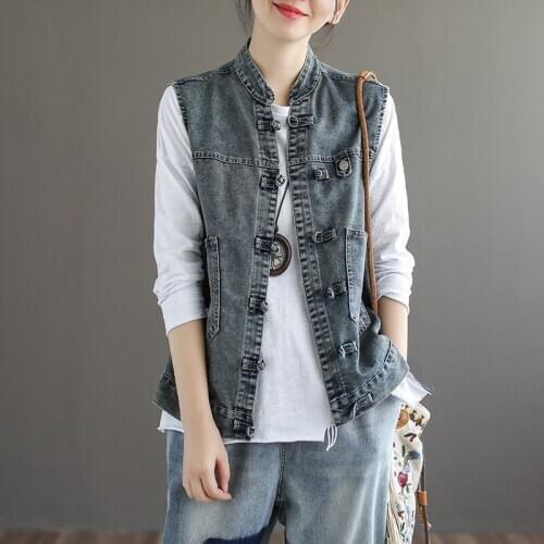 Ladies Chinese Tops 2020 New Autunm Vintage Denim Vest Cardigan Coats Sleeveless Blouses Chinese Style Clothing Women FF2929
