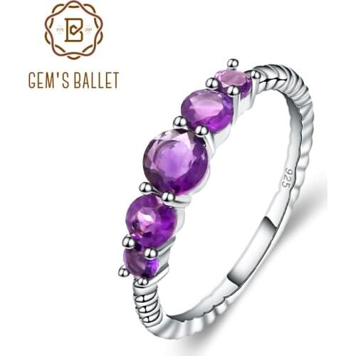 GEMS BALLET Classic 1.28ct Round Natural Amethyst Rope Band Stackable Ring For Women Wedding 925 Sterling Silver Fine Jewelry