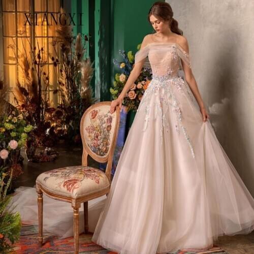 Abendkleider 2020 Champagne Evening Dress Tulle A-Line Off The Shoulder Lace Appliques Evening Dresses Long Formal Gowns Vestido