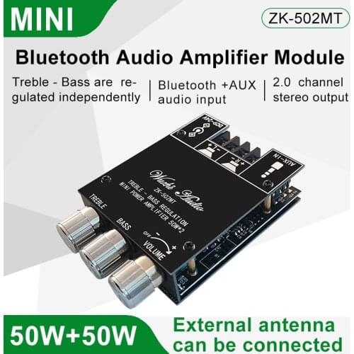 ZK-502MT 2*50W Bluetooth 5.0 Subwoofer Amplifier Board 2.0 Channel High Power Audio Stereo Amplifier Board AUX Bass Treble AMP
