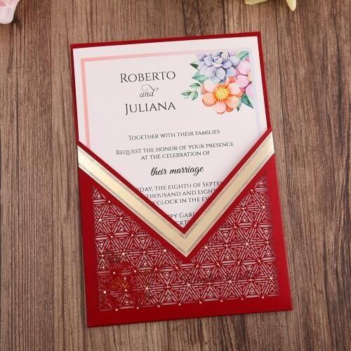 100pcs Red Gold Burgundy Navy Blue Vertical laser cut Quinceamera Anniversary party wedding invitation CW0009