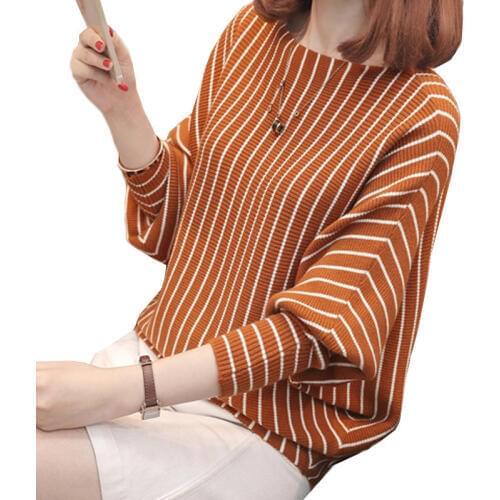 2021 Spring Knitted pullovers Women Loose stripe Bat sleeve Sweaters Autumn Long sleeve Casual Short Tops Coats Plus Size W101
