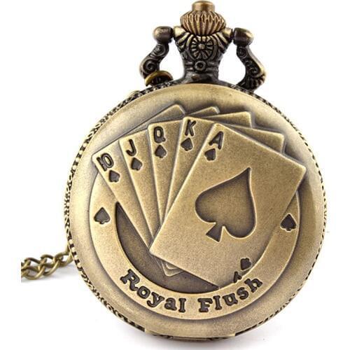 10pcsFlush Poker Pattern Necklace Watch Vintage Style Bronze Pendant Chain Clock Quartz Pocket Watch Free Shipping Xmas Gift P80