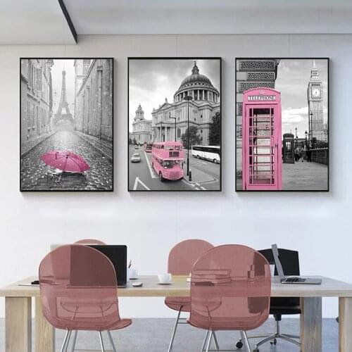 Black and Pink City Landscape Paris Eiffel Tower Canvas Picture On The Wall Frameless Modern Paintings for Living Room Frameless