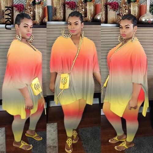 Womens Set Plus Size S-5XL Gradient Print V-neck Tee tops jogger sweatpant suit two piece set sport matching set outfit