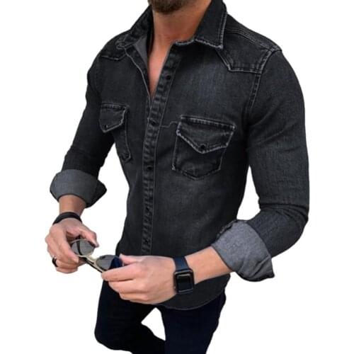 Fashion Denim Shirt Men Casual Slim Fit Button Shirts With Pocket Men Camisa Long Sleeve Turn Down Collar Tops camisa masculina