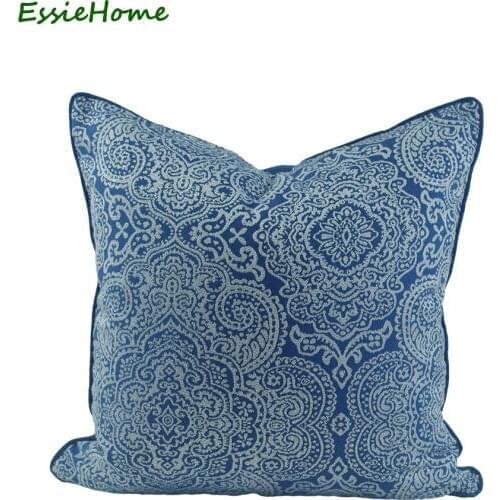 ESSIE HOME 45*45 cm Chinese Pattern Blue Navy Royal Blue Pillow Case Cushion Cover Jacquard Cushion With Piping Edge