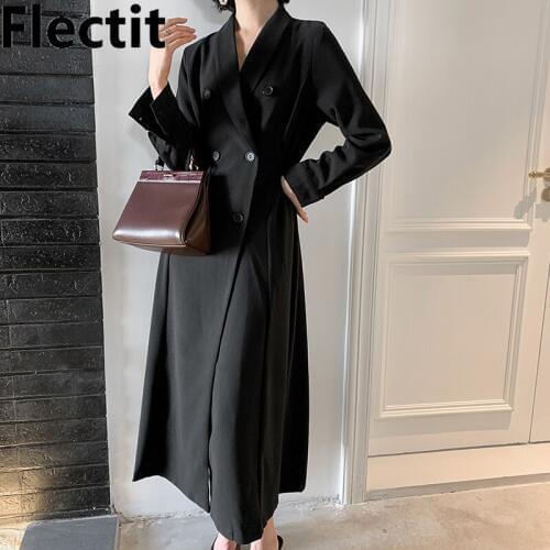 Flectit Women Suit Dress Double Breasted Notched Collar A-Line Long Black Business Chic Blazer Dress Fall Winter Outfit