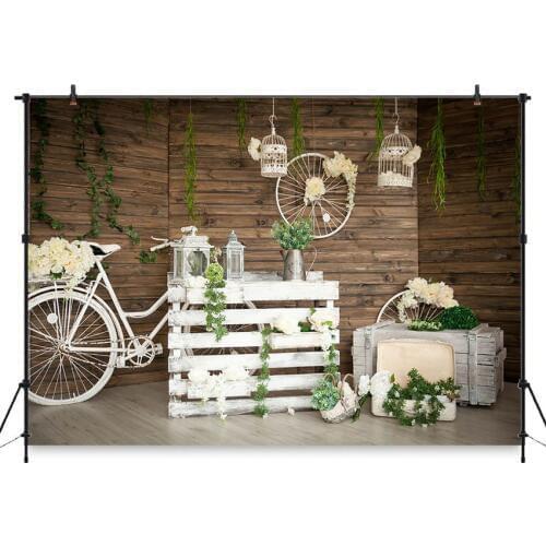 Wedding Photography Backdrop Rustic Wooden Wall Flowers Mariage Background White Bicycle Spring Backdrops Photo Studio