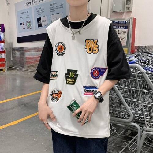 Hip-hop Fake Two-piece Short-sleeved T-shirt Male Summer Ins Tide Brand Wild Loose Embroidery Sports Basketball Uniform T-shirt