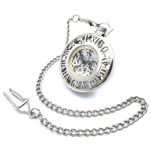 Hot Selling Fathers Day Gift Open Case Silver Hollowed Number Mechanical Pocket Watch Vintage Hand Wind Pocket Watch