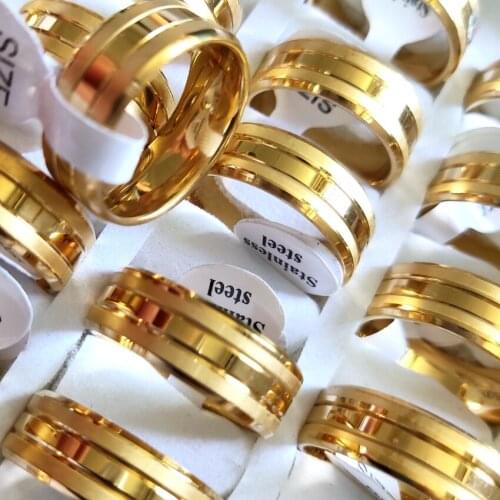 30pcs Quality Men Gold Ring 8MM Wide Male Stainless Steel Comfort-fit Band Rings Wedding Jewelry Wholesale Lots