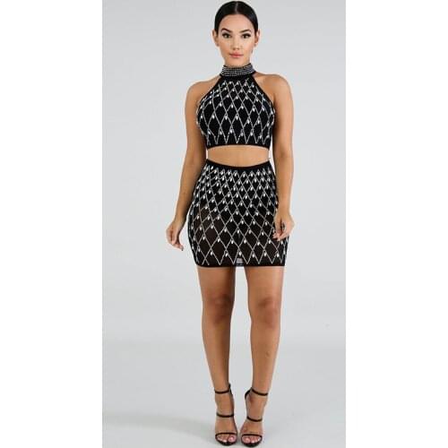 Sexy Club Outfits TWO PIECE SET Mini Skirt Crop Top Rhinestone Embellished Twin Suit Matching Celebrity Evening Party Summer 2pc