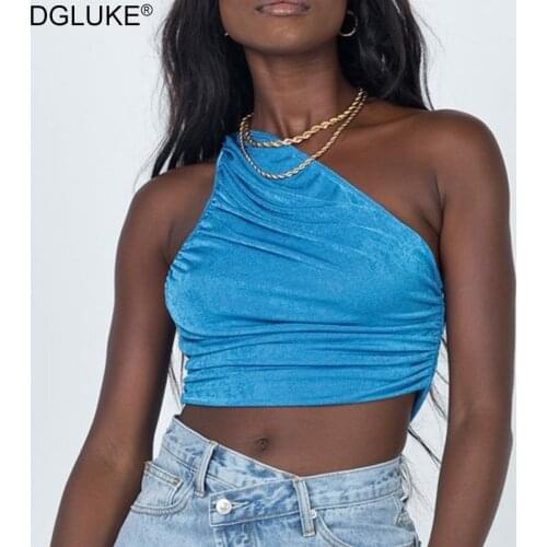 Sexy One Shoulder Crop Tank Top Women Summer Blue Orange White Y2K Top 2021 Ruched Short Cami Top Streetwear