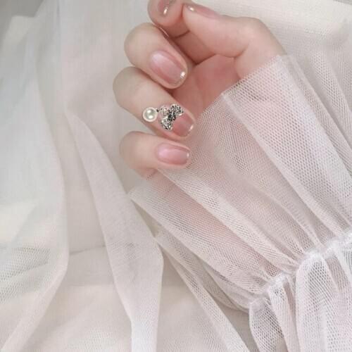 Gradual nude pink pure color with sliver butterflybow decoration 3d fake nails Cute bride false nails french lady full nail tips