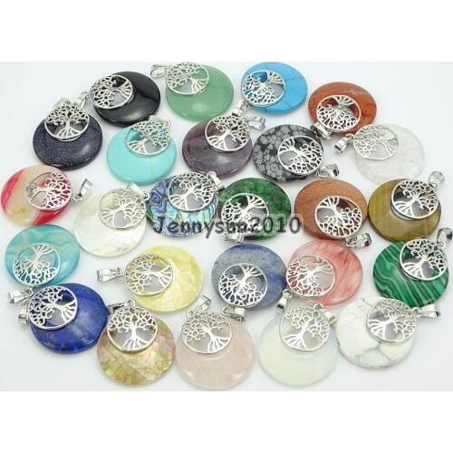 Natural Gems Stone Reiki Chakra Round Tree of Life Healing Pendant Charm Beads Silver Plated Healing Jewelry Design 10Pcs/Pack