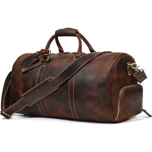 POOLOOS Hot Selling Leather Travel Bag Vintage Crazy Horse Leather Travel Duffle Bag With Shoe Pocket Weekend Bag For Men Male