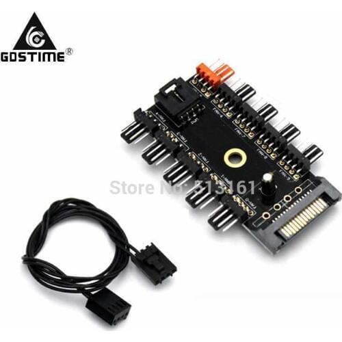 Gdstime Black SATA 1 to 10 4Pin Cooling Fan Hub Splitter Cable PWM 12V Power Supply Adapter