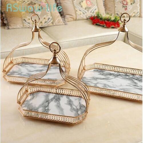 Luxury Home Decorations Ornaments Metal Mirror Storage Tray Crystal Glass Jewelry Serving Trays Food Tray For Kitchen Supplies