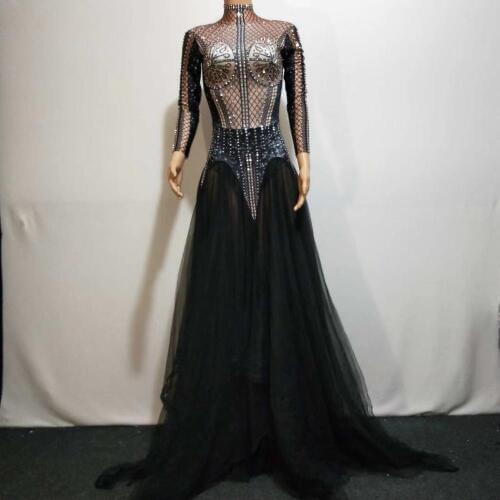 Court Crystal Mesh Evening Gown Bodysuits Women Black Sexy Party Prom Long Dress Ball Singer Stage Performance Wear