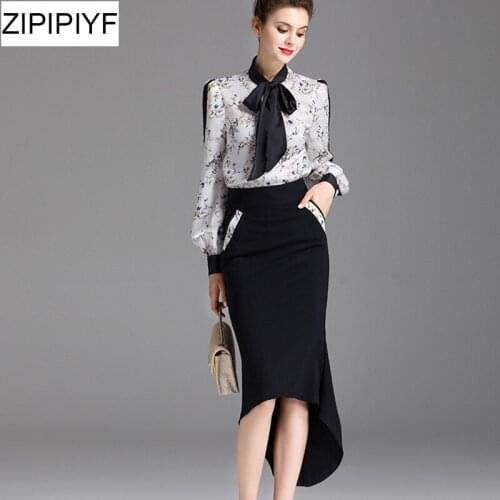 Spring two piece set women suits Sexy slim Printed chiffon shirt and high-waisted Irregular OL office Package hip Bodycon skirt