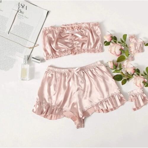 Woman pajamas Ladies Sexy Lingerie Tube Top Satin Bowknot Lingerie Pajama Set Pyjama Satin Femme Pink Comfortable нижнее белье