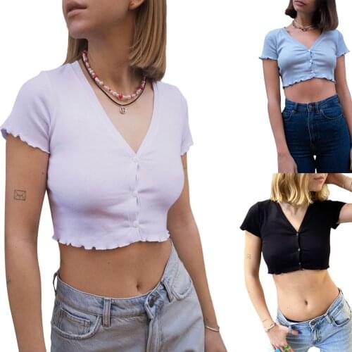 Womens Casual Knitted Short Tee Shirts, Short Sleeve V Neck Thin Ribbed Knit Cardigan Crop Tops