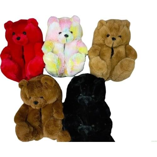 Women Home Indoor Soft anti-slip Faux Fur Cute Slippers Winter Warm Shoes Cartoon Plush Teddy Bear Slippers