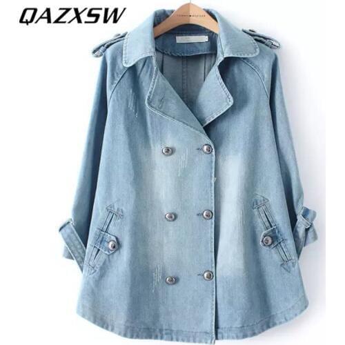 QAZXSW Women Spring Autumn Demin Coat For Women Jeans Jacket Peter Pan Collar Double Breasted Long Sleeve Demin Cardigan HB124