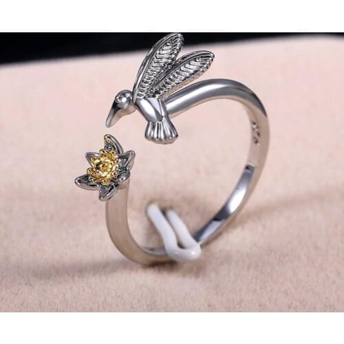 Vintage Animal Opening Ring for Women Daisy Flower Lotus Hummingbird Bee Branches Adjustable Rings Female Statement Jewelry Gift