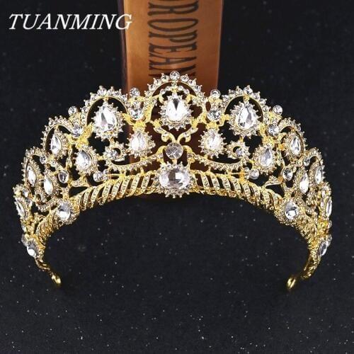 Golden Baroque Crystal Crown Royal Tiara Bride Headdress Crystal Prom Pageant Crown Hair Accessories For Women