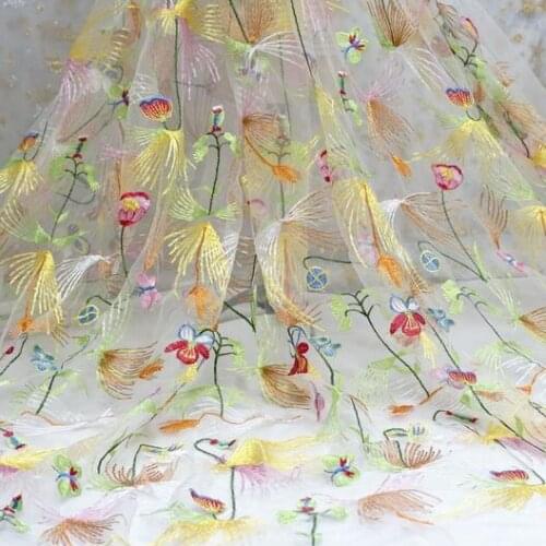 1 Yard Colorful Floral Overlay Embroidery Tulle Lace Fabric Yellow Mesh fabric for Party Dress, Evening Dress