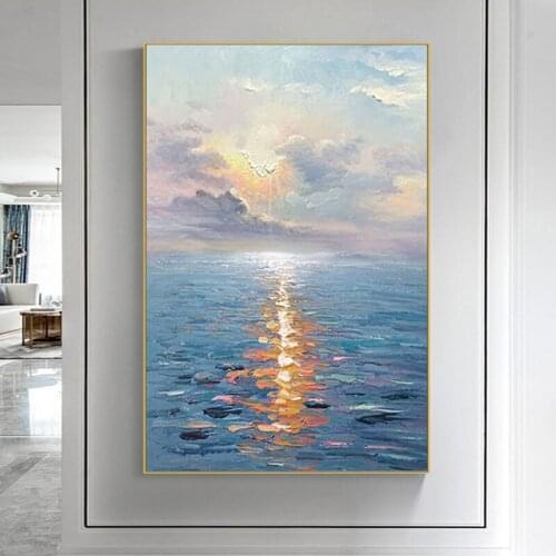 100% Hand Painted Handmade Oil Painting On Canvas Seascape Sunrise Landscape Fine Art Living Room Decor Large Size Frameless
