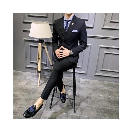 2020 Double Breasted Black Men Suits 3 Pieces Classic Groom Wedding Suit Formal Male Business Grey Dress Tuxedo Blazer Vest Pant