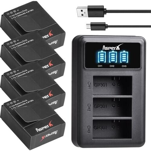 4Pc 1300mAh AHDBT-301 AHDBT301 AHDBT 302 Li-ion Camera Battery + LED 3-Ports USB Charger for GoPro Hero3 Gopro Hero 3/3+ Cameras