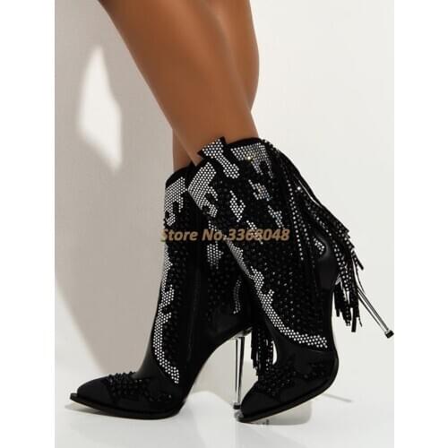 Tassel Metal High Heel Boots Sexy Pointed Twinkle Crystal Decor Black Night Club Dance Shoes Thin High Heels Shiny Fringe Shoes