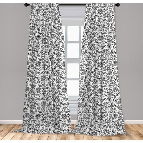 Black and White Curtains Floral Composition Doodle Style Foliage Sketch Abstract Feminine Theme Window Drapes for Living Room