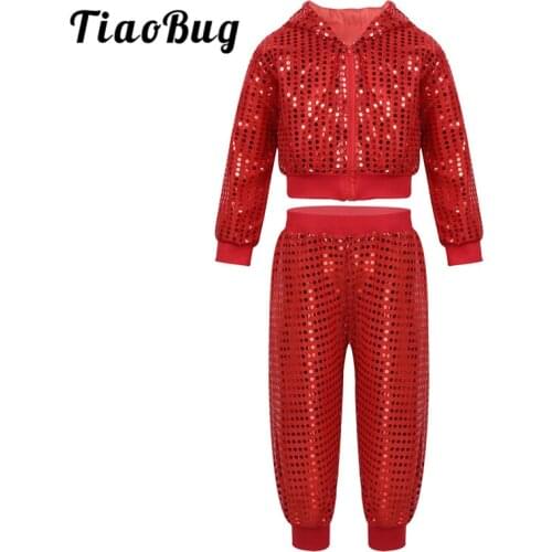 TiaoBug Unisex Kids Teens Hip-hop Stage Jazz Dance Costume Set Boys Girls Shiny Sequins Hooded Top with Pants Street Dancing Set