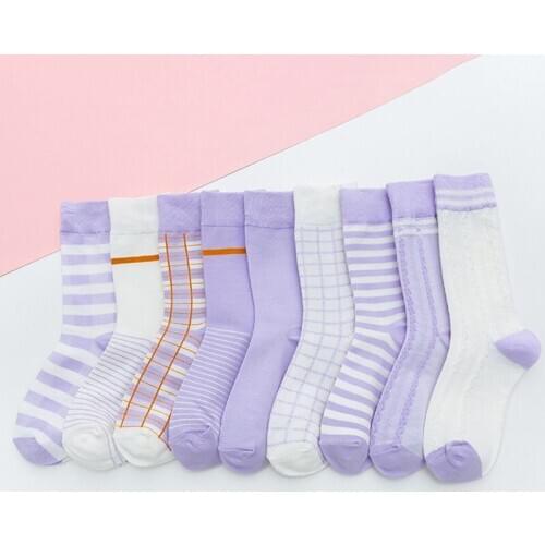 Breathable Cotton Casual Crew Socks for Women Lady Mid Tube Socks Purple Series Preppy Style Spring Autumn Sox Female Nice Gifts